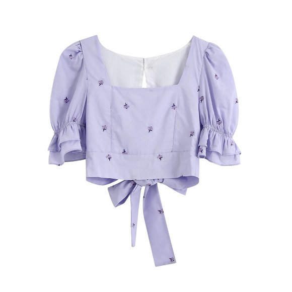 Women Lavender Square Collar Short Sleeve Crop Top - Picture 2 of 5